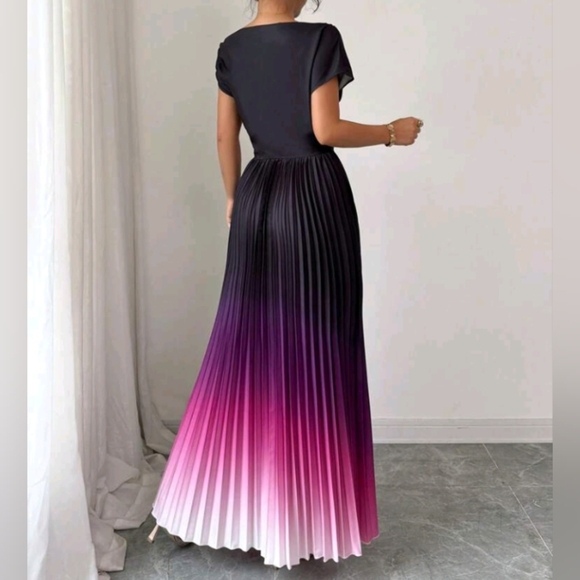 Elegant Gradient Print Batwing Sleeve Ruched Waist Women Long Dress - Picture 2 of 5